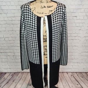 Cocogio Black and White Houndstooth Merino Wool Long Sweater Cardigan Size M